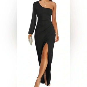 ZESICA One Shoulder Long Sleeve Cocktail Dress High Slit Ruched Maxi Dress